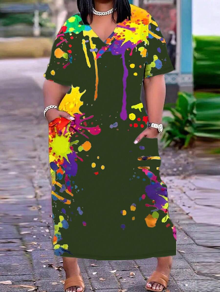 LONESS Kích thước lớn Ink In Splash Đầm Với Ẩn giấu Túi - màu xanh lá - Xem 1