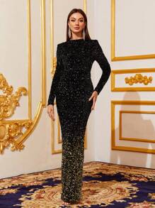 Faeriesty Elegant Women's Long Sleeve Round Neck Sparkly Gradient Sequin Floor-Length Evening Gown – Fitted Silhouette With Back Slit Hem, Luxurious For Weddings, Galas & Formal Events - Black - View 6