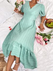 SHEIN Unity 女士短袖紋理a字裙 - 綠色 - 查看 3