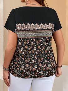 EMERY ROSE Plus Size Women'S Geometric Patchwork Batwing Sleeve Boho Mom Shirt For Spring - Multicolor - View 2