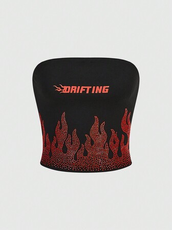 Grunge Punk Y2k Sexy Fresco Llama Eslogan Rhinestone Decorado Tubo Top Corto Apretado