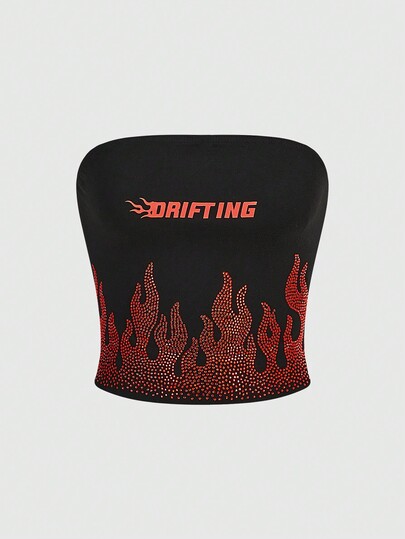 Grunge Punk Y2k Sexy Cool Flame Slogan Rhinestone Decor Tight Cropped Tube Top