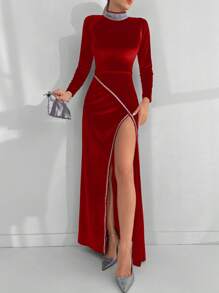 RueChic Slit & Fitted Dress With Rhinestone Detail
