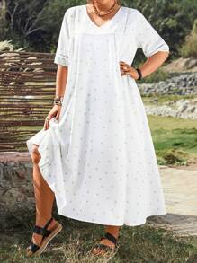 SHEIN LUNE 大尺碼v領星星圖案洋裝 - 白色 - 查看 4