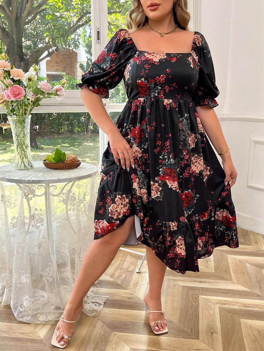 SHEIN LUNE 女性大碼花卉印花方領波浪邊連衣裙,蓬蓬袖裝飾 - 彩色 - 查看 1