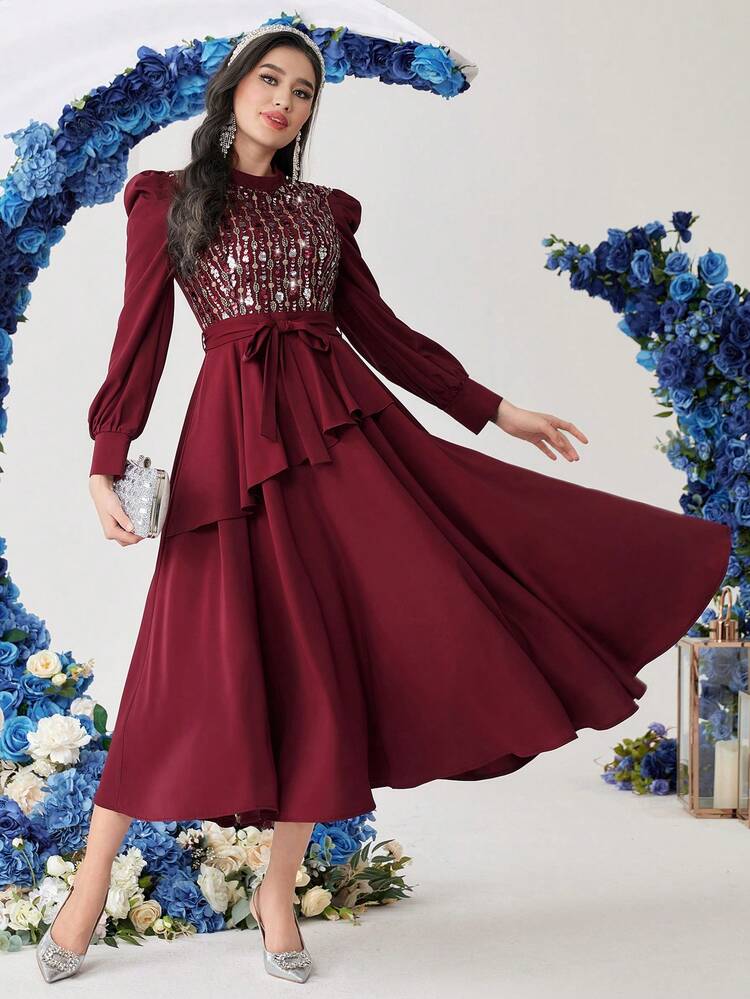 Burgundy Red Women'S Sequined Waist-Cinched Patchwork Dress Long Evening Dresses Fall Cloth For Women