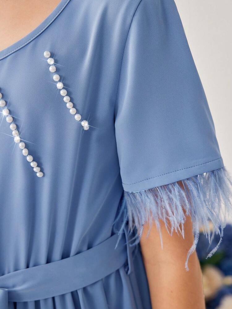 Tween Girl Pearl Decor Plush Sleeve Hem Dress