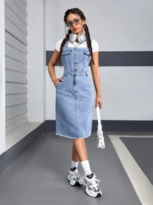 SHEIN EZwear Vestido De Peto Vaquero Con Bolsillos Para Mujer - Lavado ligero - Ver 6