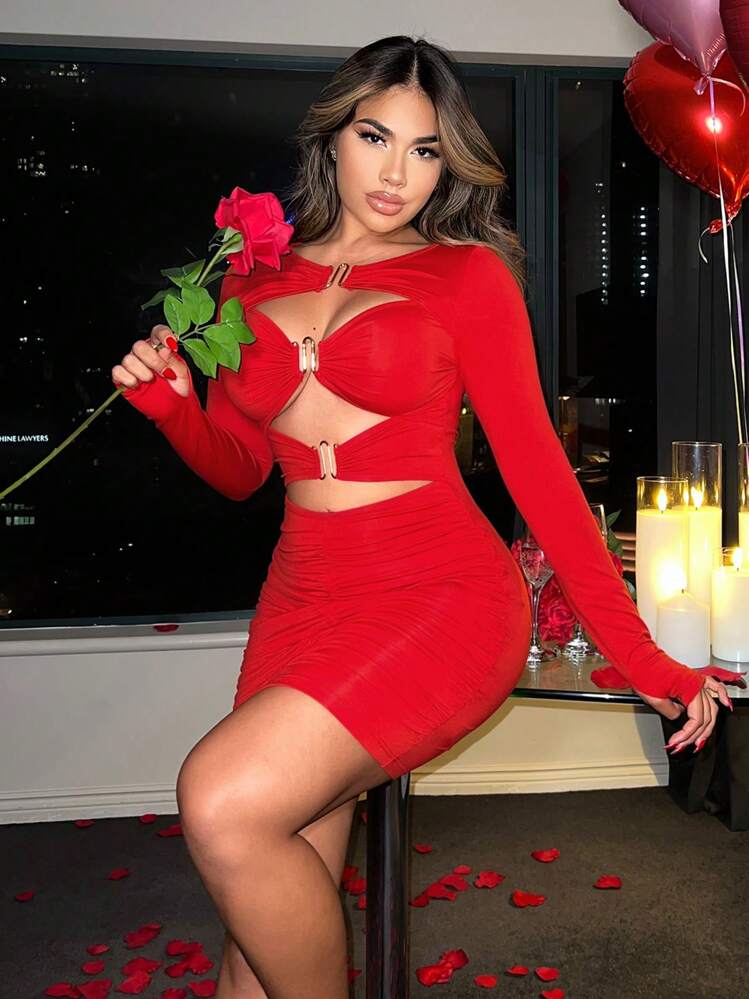 SHEIN SXY ロングスリーブ 赤色ワンピース レッド セクシー 春夏