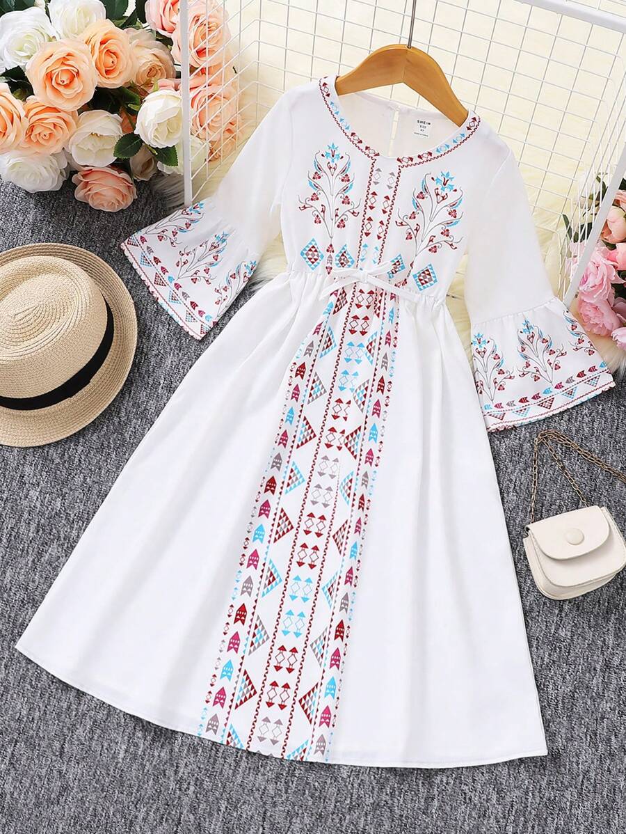 SHEIN 1pc Young Girls' Vintage Bohemian Style White Bell Sleeve Dress - White - View 1