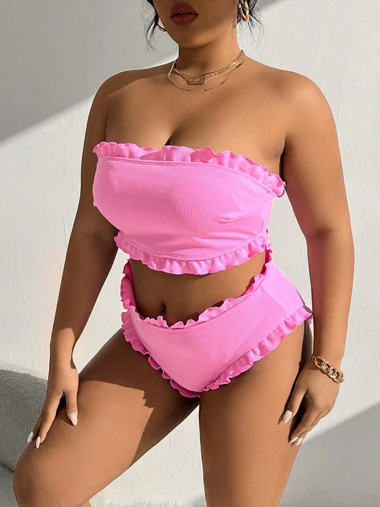 Plus Size Women'S Ruffled Bandeau Bikini Set,Summer Beach