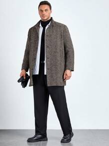 Manfinity VCAY 大码男士宽松人字纹休闲长袖羊毛大衣，适合秋冬 - 卡其色 - 查看 6