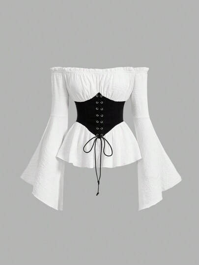 SHEIN MOD Hollow Out Flared Sleeve Contrast Tie Waist Vintage Blouse,Long Sleeve Tops