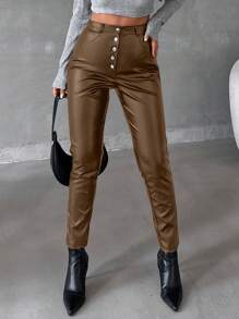 EURMUSE Women'S Button Front Skinny Pants - Brown - View 1