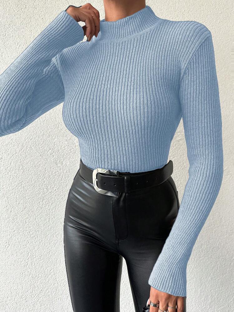 Maglione Donna Girocollo In Tinta Unita - Morbido Pullover Sottile A Manica Lunga, Casual, Base, Azzurro, Taglia S
