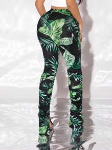 SHEIN SXY 波西米亞風格假期/休閒植物印花女士雙層褶邊寬腿褲帶開槽 - 彩色 - 查看 2