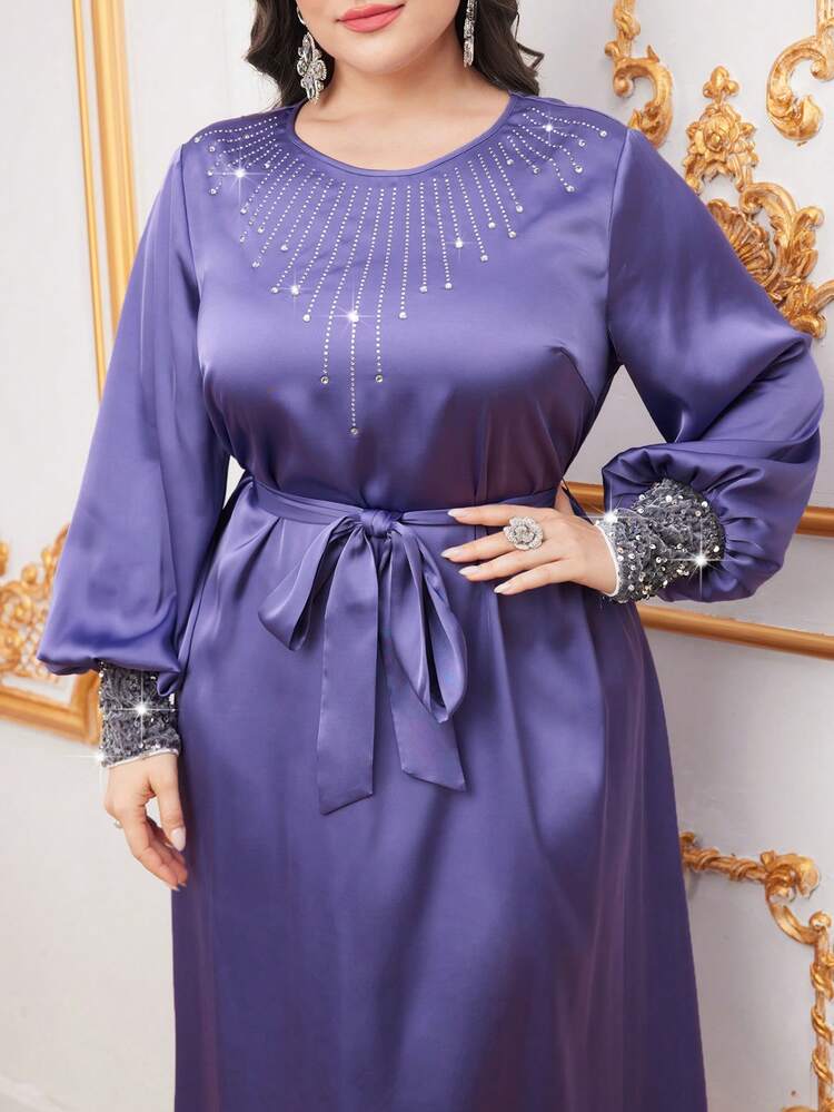 Plus Size Sequin And Rhinestone Decorated Lantern Sleeve Dress,Elegant Evening Party Dress Long Evening Dresses