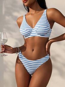 SHEIN Swim Summer Beach Ladies' Striped V-Neck Bikini Set - Multicolor - View 3