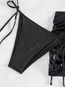 Swim EVENT Women'S Solid Color Triangle Halter Bra And Knotted Side Bikini Set With Swimming Skirt Summer
