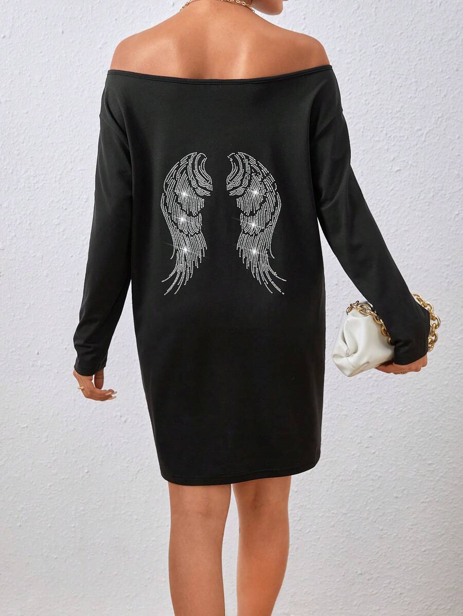 SHEIN Unity 長袖露肩翅膀鑽石紋連衣裙 - 黑色 - 查看 1