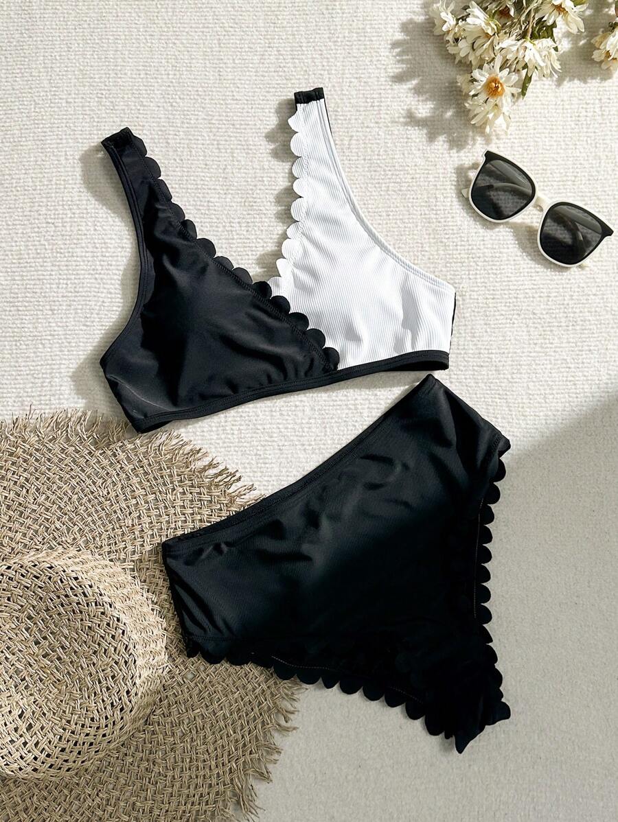 SHEIN Swim 夏季女士弧形边缘拼色泳衣套装音乐节 - 黑與白 - 查看 1