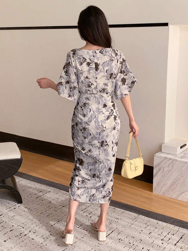 Women's Tie Knot & Side Slit Print Dress Sundress Floral Dress