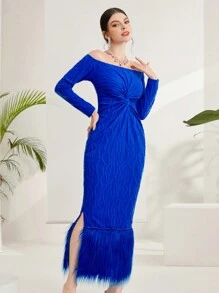 Modelyn Của phụ nữ Off Shoulder Tay áo dài Xoắn Nút eo Đầm - Màu xanh lam - Xem 5