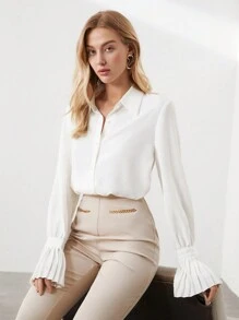 BizChic 女式纯色纽扣长袖衬衫，带褶皱喇叭袖口，城市通勤办公室商务休闲优雅正式衬衫 - 白色 - 查看 4