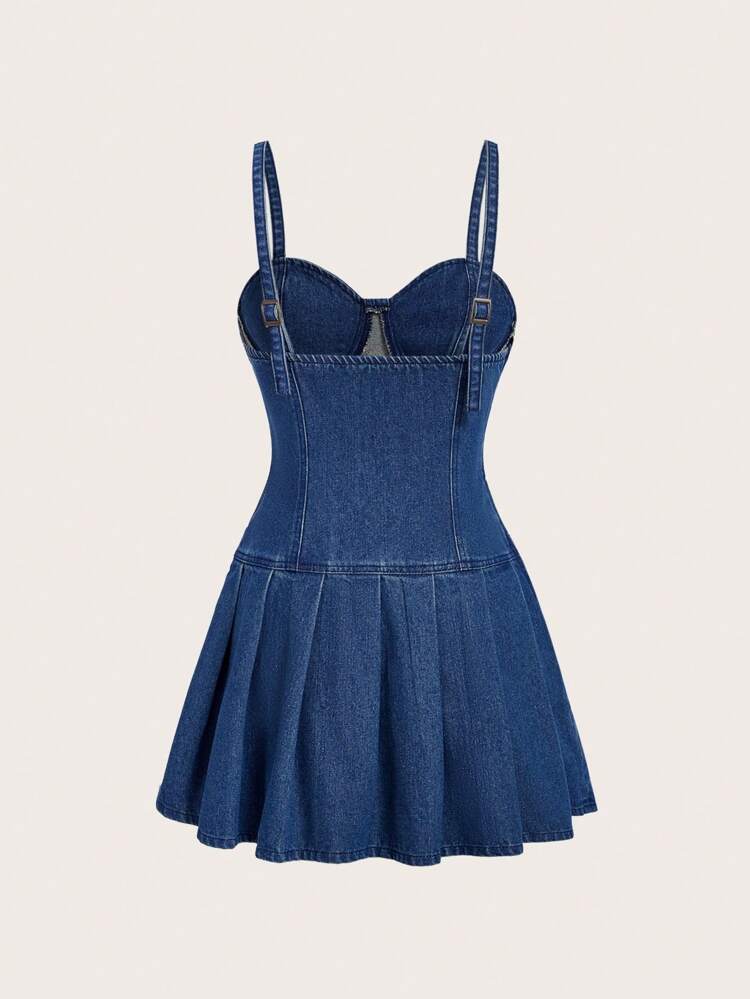 Women's Denim Dress With Pleated Hem And Spaghetti Straps, Washed