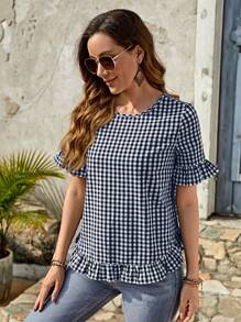 EMERY ROSE Women's Black And White Plaid Print Ruffle Trim Short Sleeve Round Neck Summer Blouse