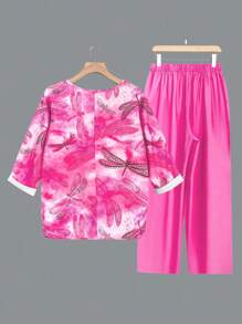 EMERY ROSE 女款大碼蜻蜓印花圓領t恤和純色褲子套裝 - 玫紅色 - 查看 2