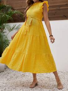 SHEIN Maternity Round Neck Mid-Length Dress - Yellow - View 1