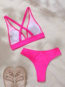 SHEIN Swim Conjunto de bikini de unicolor para playa de verano, festival de música - Rosa Fucsia - Ver 4