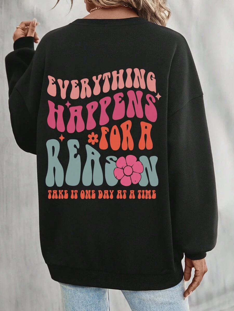 SHEIN Essnce 加大尺碼女士卡通印花圓領運動衫 - 黑色 - 查看 1