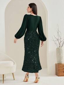 Modelyn Women'S Sequin Detailed Patchwork Lantern Sleeve Mermaid Dress - Dark Green - View 2
