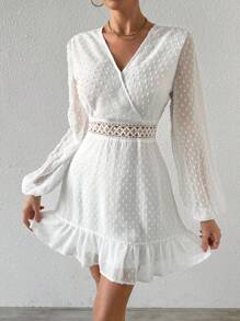 SHEIN Privé Women'S Lantern Sleeve Lace Patchwork Dress - White - View 3