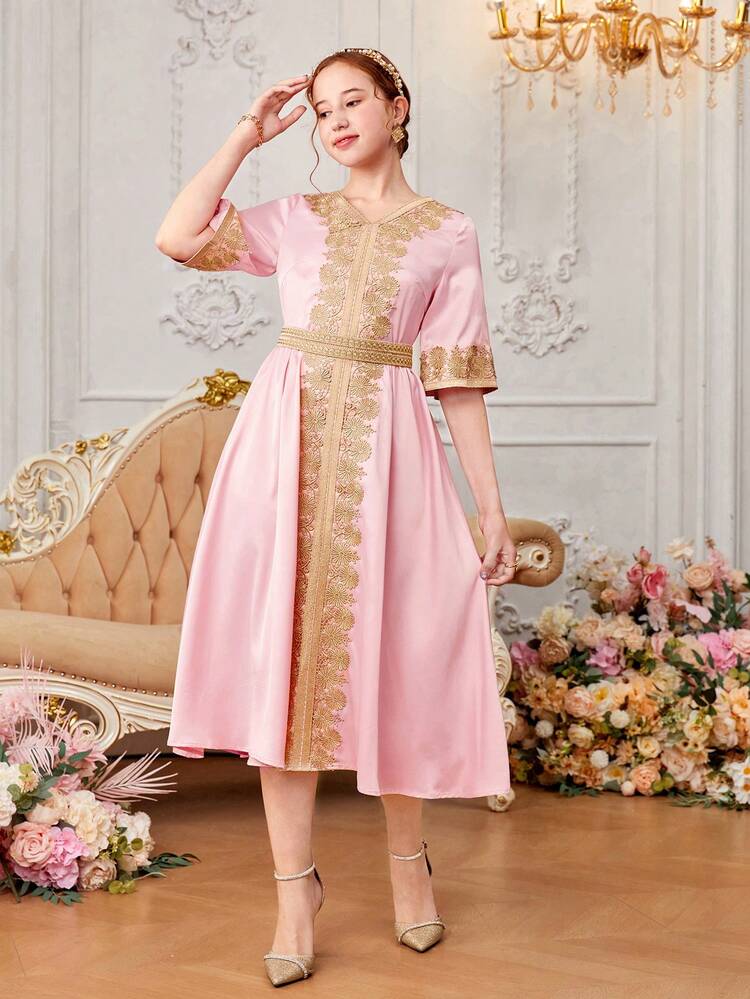 Teen Girl's Elegant Jacquard Gold Lace-Up Bell Sleeve Dress