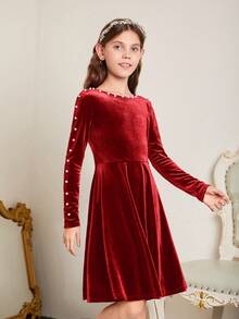 Tween 女孩優雅針織短毛絨圓領串珠連身裙,純色 - 紅色 - 查看 3