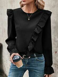 SHEIN Clasi 女士休閒波浪袖襯衫,帶襞邊 - 黑色 - 查看 5