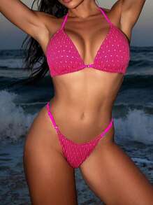 Sparkly Triangle Cup Halter Neck Bikini Set - Hot Pink - View 1