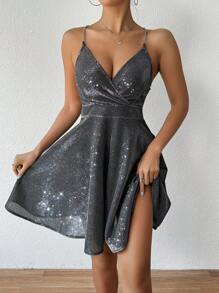 Allurite Brillante Vestido Halter Con Cadena Sin Espalda - Negro - Ver 6