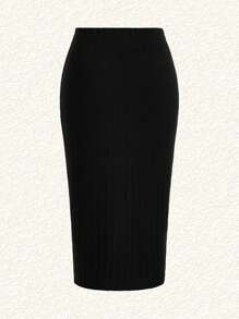 SHEIN EZwear 大碼女士黑色絨面針織高彈性長緊身裙 - 黑色 - 查看 2