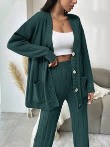 EURMUSE Women'S Solid Color Button-Up Cardigan With Wide Leg Sweater Pants Two-Piece Set - Army Green - View 3