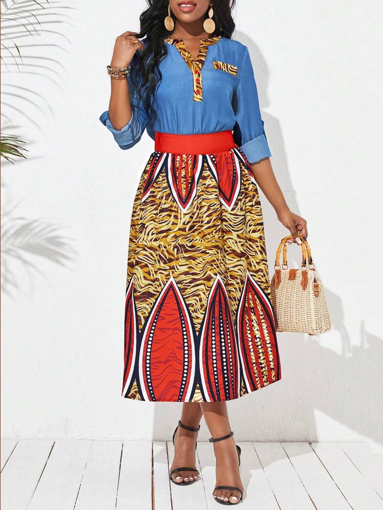 Women's Notched Collar Roll-Up Sleeve Blouse And Skirt Set