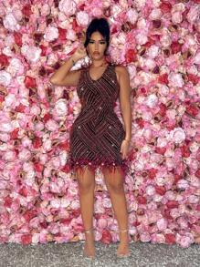 SHEIN SXY Glitter Mini Dress With Feather Decoration - Orange - View 4