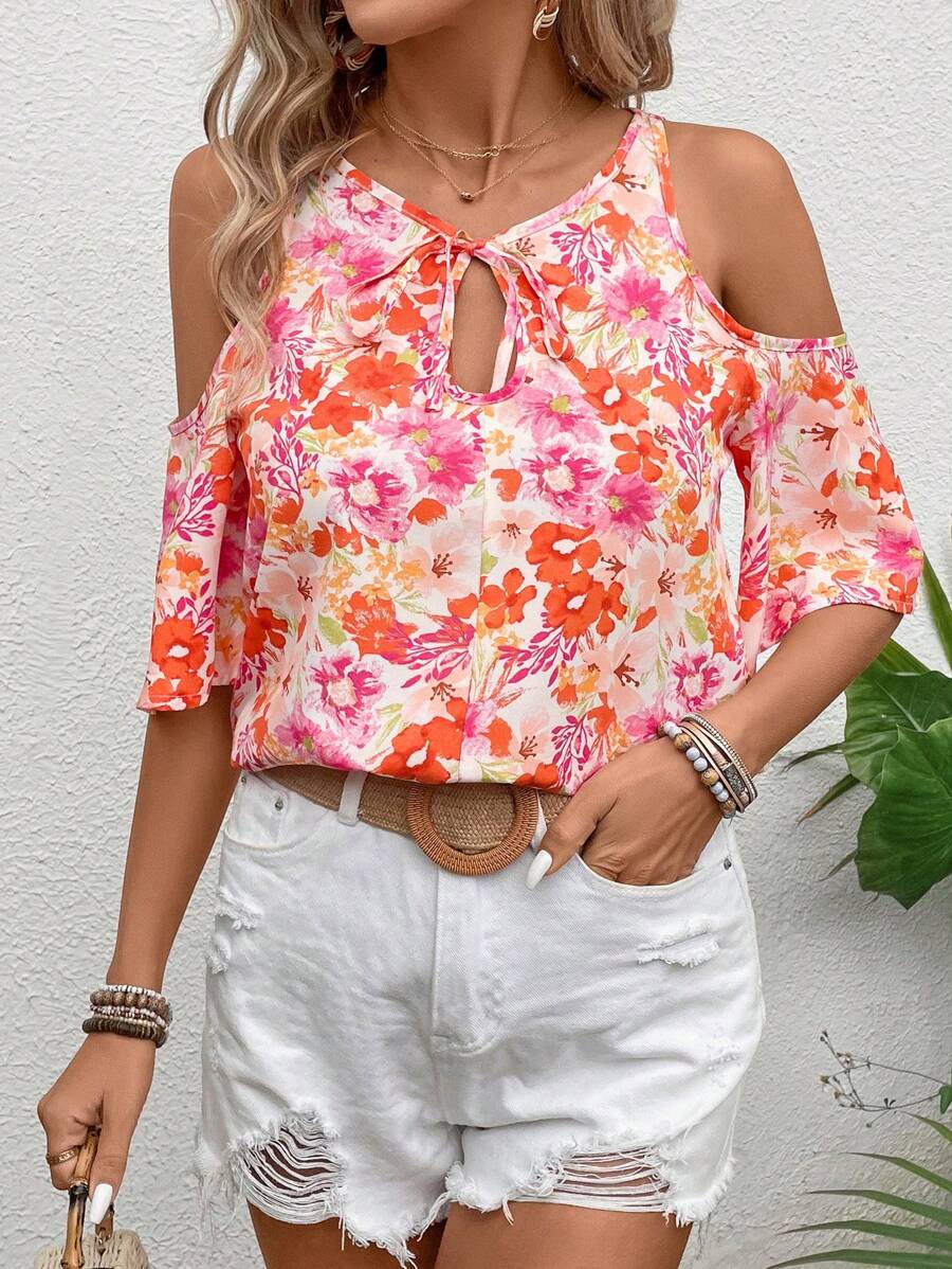 SHEIN VCAY 女性露肩花卉印花上衣