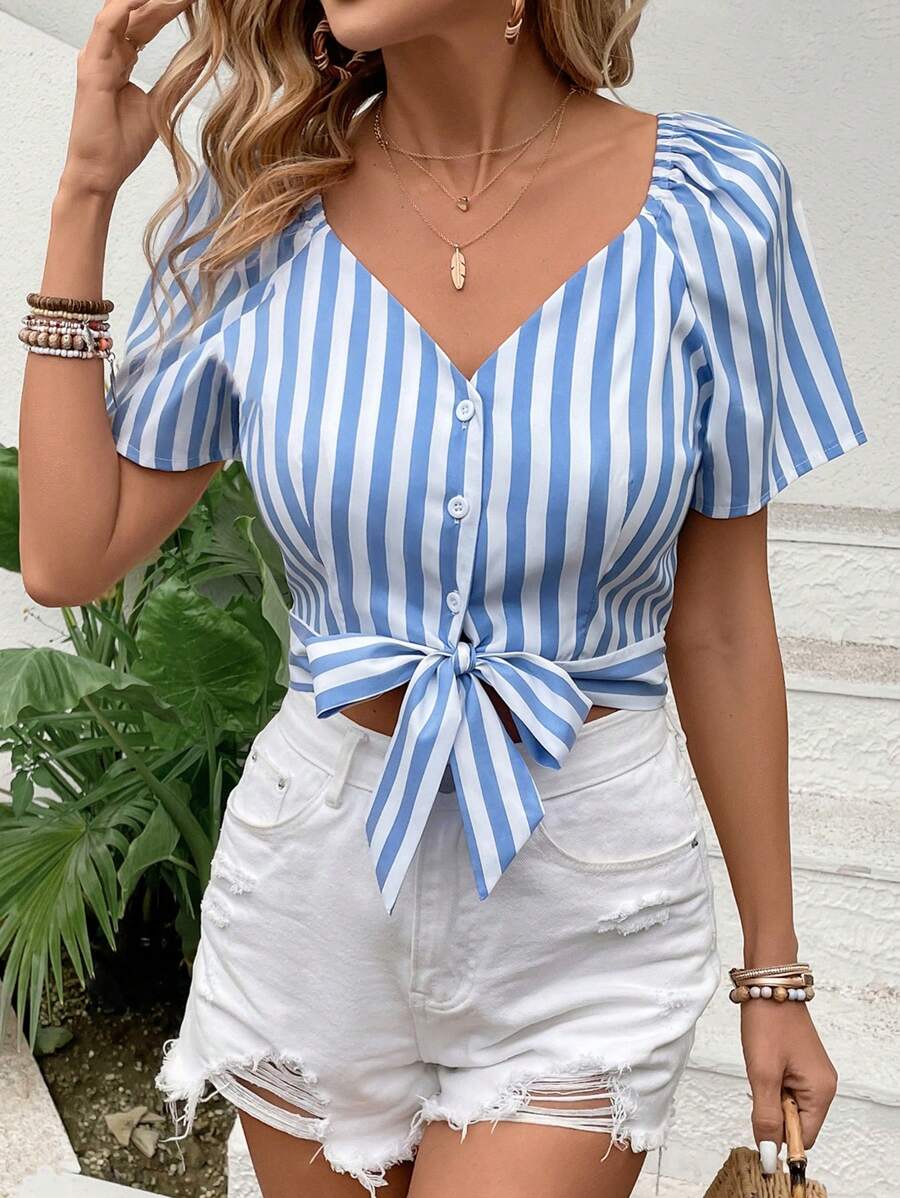 SHEIN VCAY Women's Striped Blouse With Knotted Hem