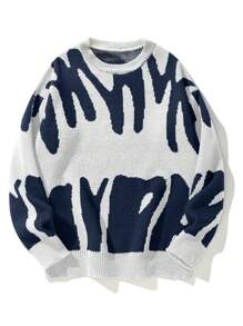 Coolane Letter Detail Grey Sweater,Long Sleeve Tops In Fall/Winter - Blue and White - View 1