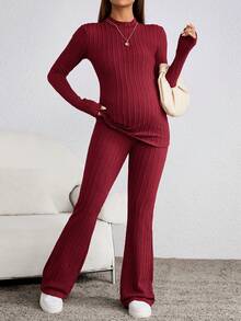 SHEIN 孕婦長袖立領t卹和可調節腰部的褲子套裝2入組 - 酒紅色 - 查看 3