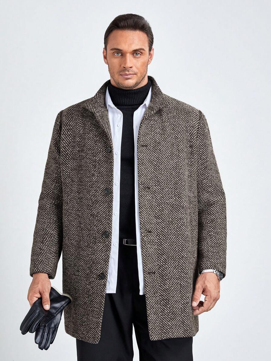 Manfinity VCAY 大码男士宽松人字纹休闲长袖羊毛大衣，适合秋冬 - 卡其色 - 查看 1